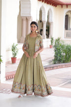 Lorenvalley Fashion Pista Vichitra Silk with Sequins, Zari & Thread Embroidered work Gown with Koti | Grocsy