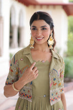 Lorenvalley Fashion Pista Vichitra Silk with Sequins, Zari & Thread Embroidered work Gown with Koti | Grocsy