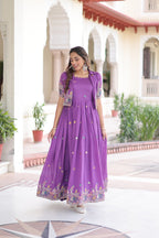 Lorenvalley Fashion Purple Vichitra Silk with Sequins, Zari & Thread Embroidered work Gown with Koti | Grocsy