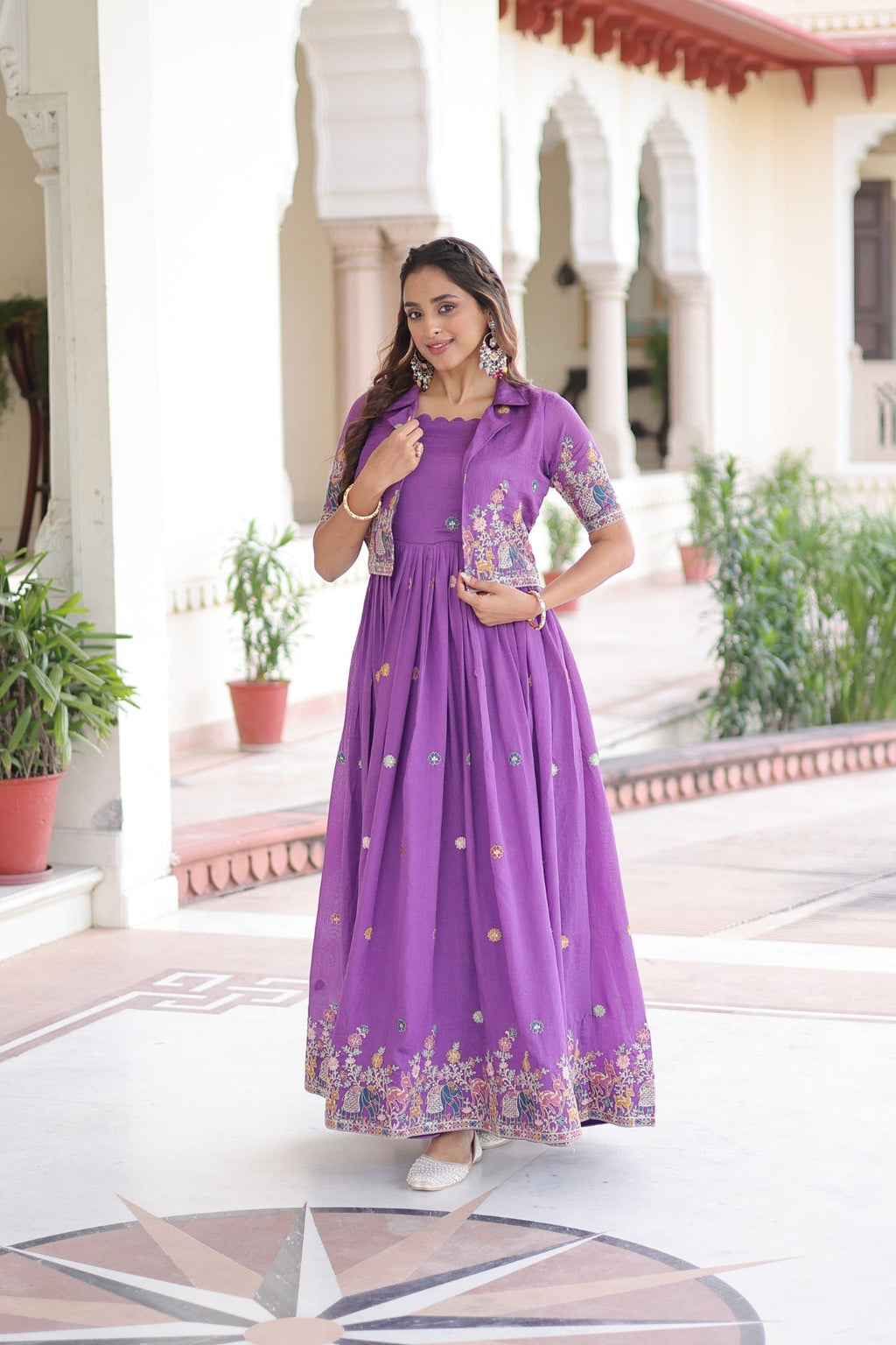 Lorenvalley Fashion Purple Vichitra Silk with Sequins, Zari & Thread Embroidered work Gown with Koti | Grocsy