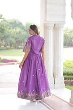 Lorenvalley Fashion Purple Vichitra Silk with Sequins, Zari & Thread Embroidered work Gown with Koti | Grocsy