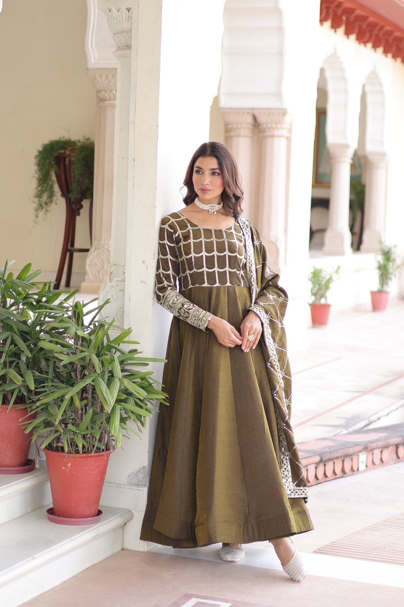 Lorenvalley Fashion Mehendi Vichitra Silk with Rich Sequins & Zari Embroidered work Anarkali Gown with Dupatta | Grocsy