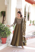 Lorenvalley Fashion Mehendi Vichitra Silk with Rich Sequins & Zari Embroidered work Anarkali Gown with Dupatta | Grocsy