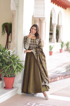 Lorenvalley Fashion Mehendi Vichitra Silk with Rich Sequins & Zari Embroidered work Anarkali Gown with Dupatta | Grocsy