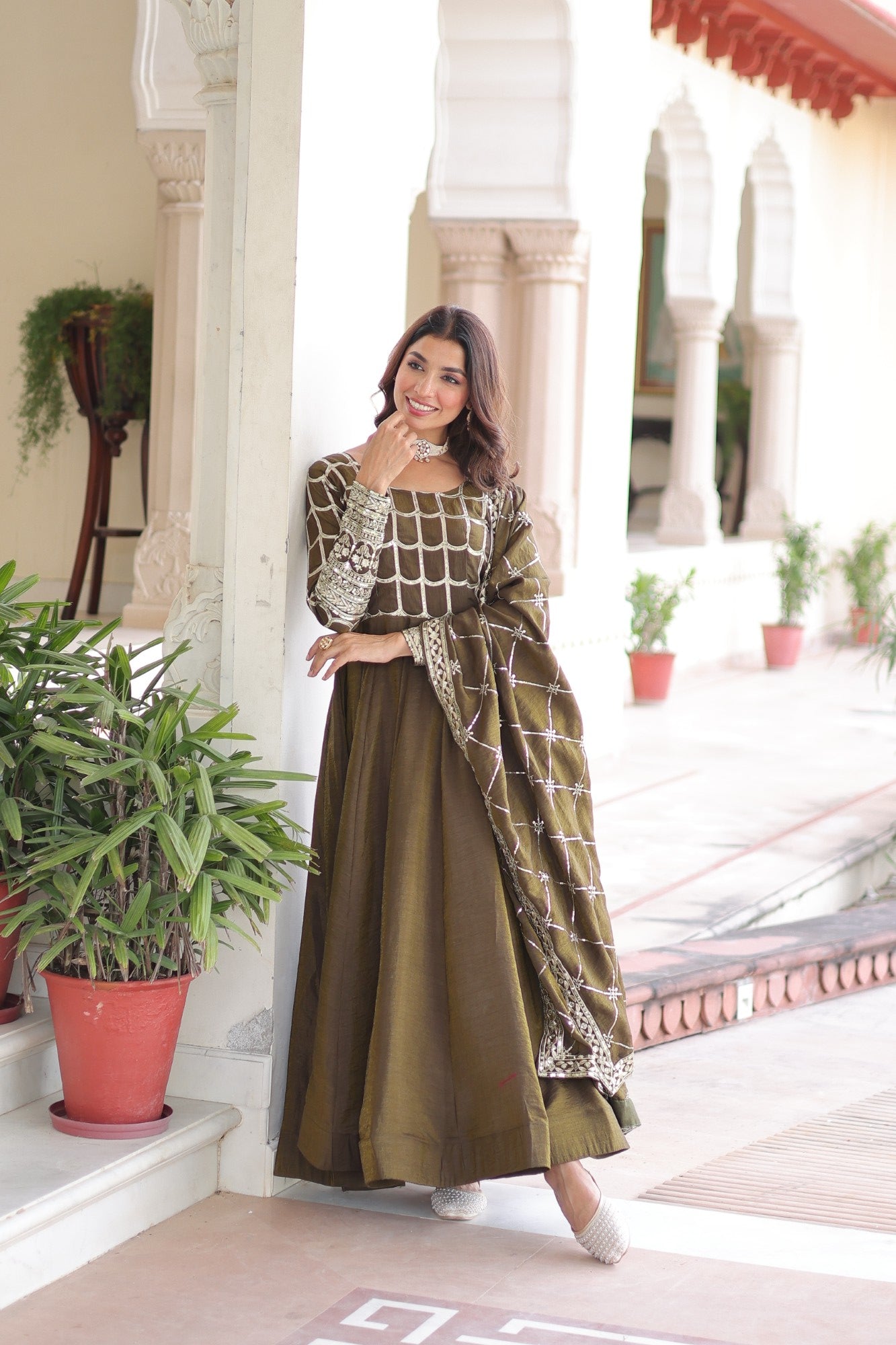 Lorenvalley Fashion Mehendi Vichitra Silk with Rich Sequins & Zari Embroidered work Anarkali Gown with Dupatta | Grocsy