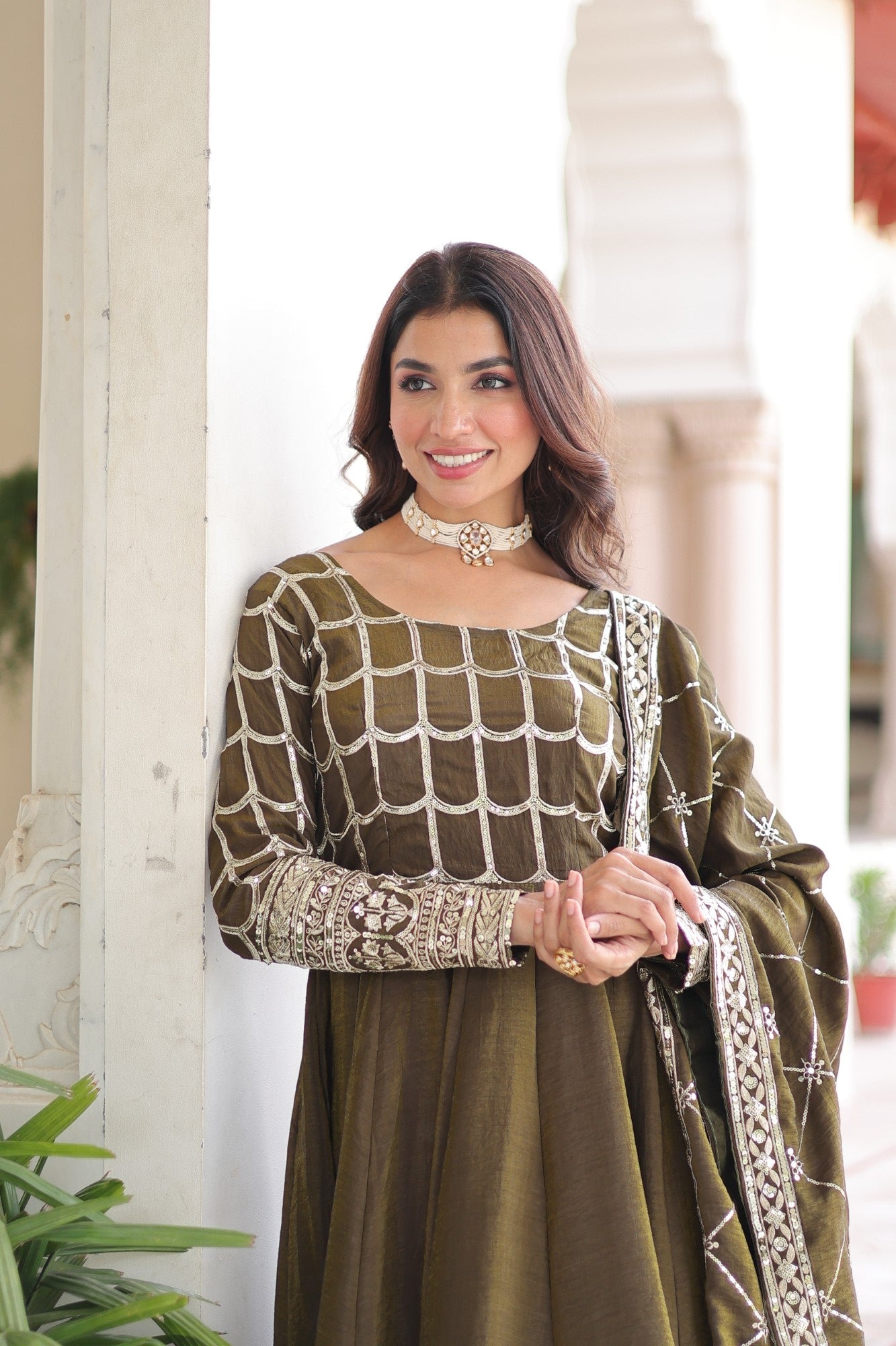 Lorenvalley Fashion Mehendi Vichitra Silk with Rich Sequins & Zari Embroidered work Anarkali Gown with Dupatta | Grocsy