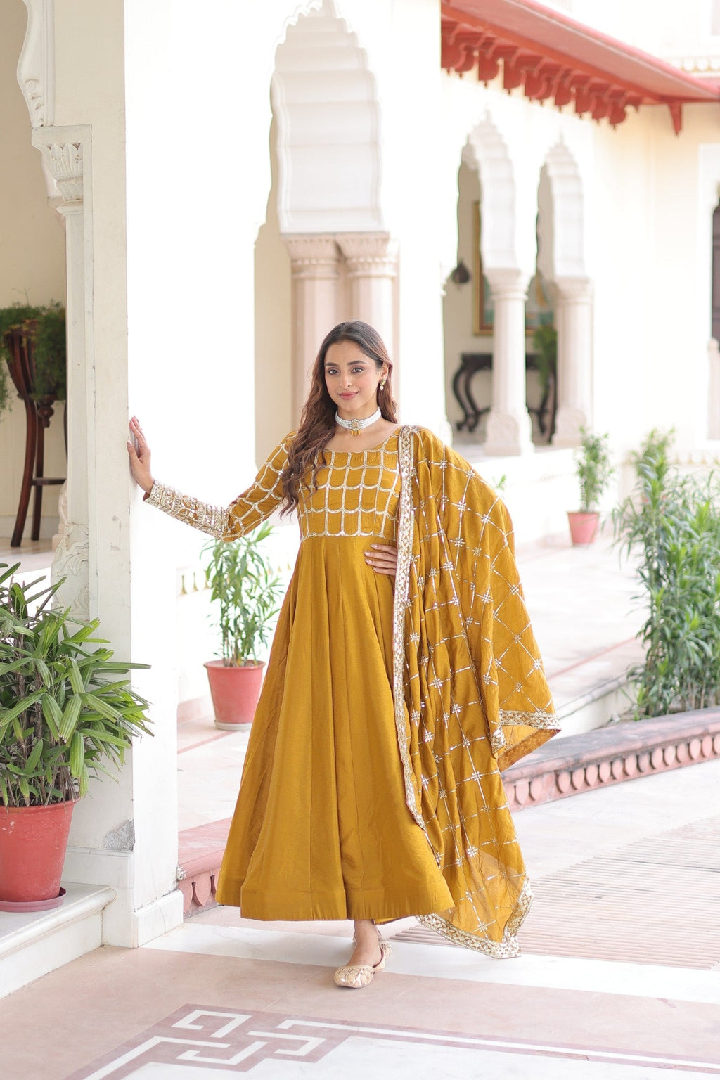 Lorenvalley Fashion Mustard Vichitra Silk with Rich Sequins & Zari Embroidered work Anarkali Gown with Dupatta | Grocsy