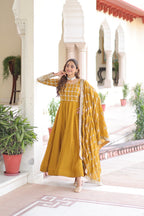 Lorenvalley Fashion Mustard Vichitra Silk with Rich Sequins & Zari Embroidered work Anarkali Gown with Dupatta | Grocsy