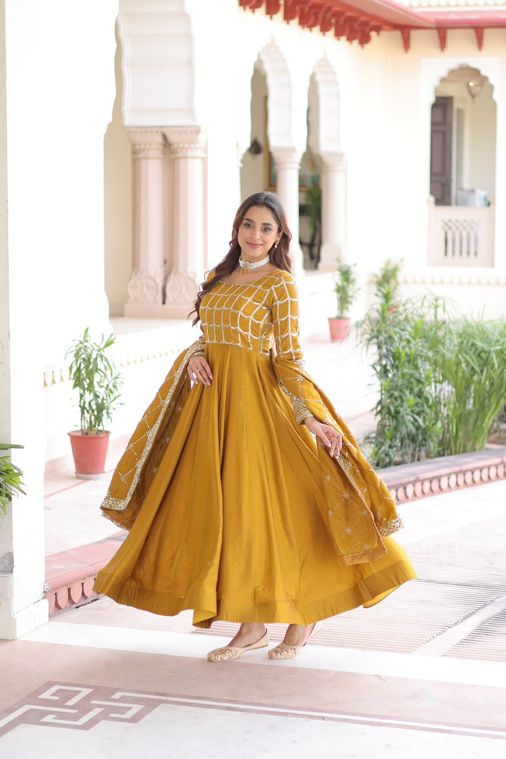 Lorenvalley Fashion Mustard Vichitra Silk with Rich Sequins & Zari Embroidered work Anarkali Gown with Dupatta | Grocsy