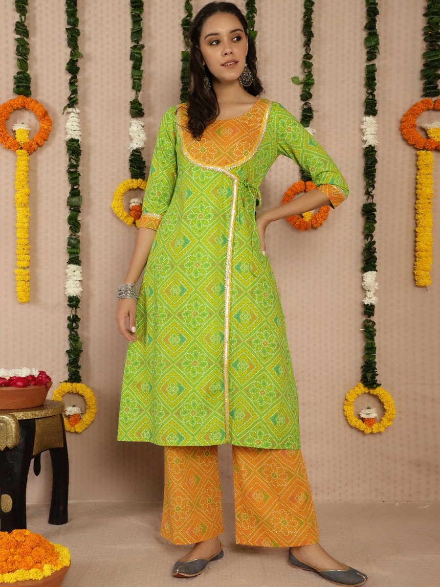 Aks Bandhani Printed Gotta Patti Pure Cotton Angrakha Kurta With Palazzos | Grocsy