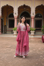 Lorenvalley Fashion Peach Faux Georgette With Rich Sequins & Thread Embroidered Work Kurta Palazzo With Dupatta | Grocsy