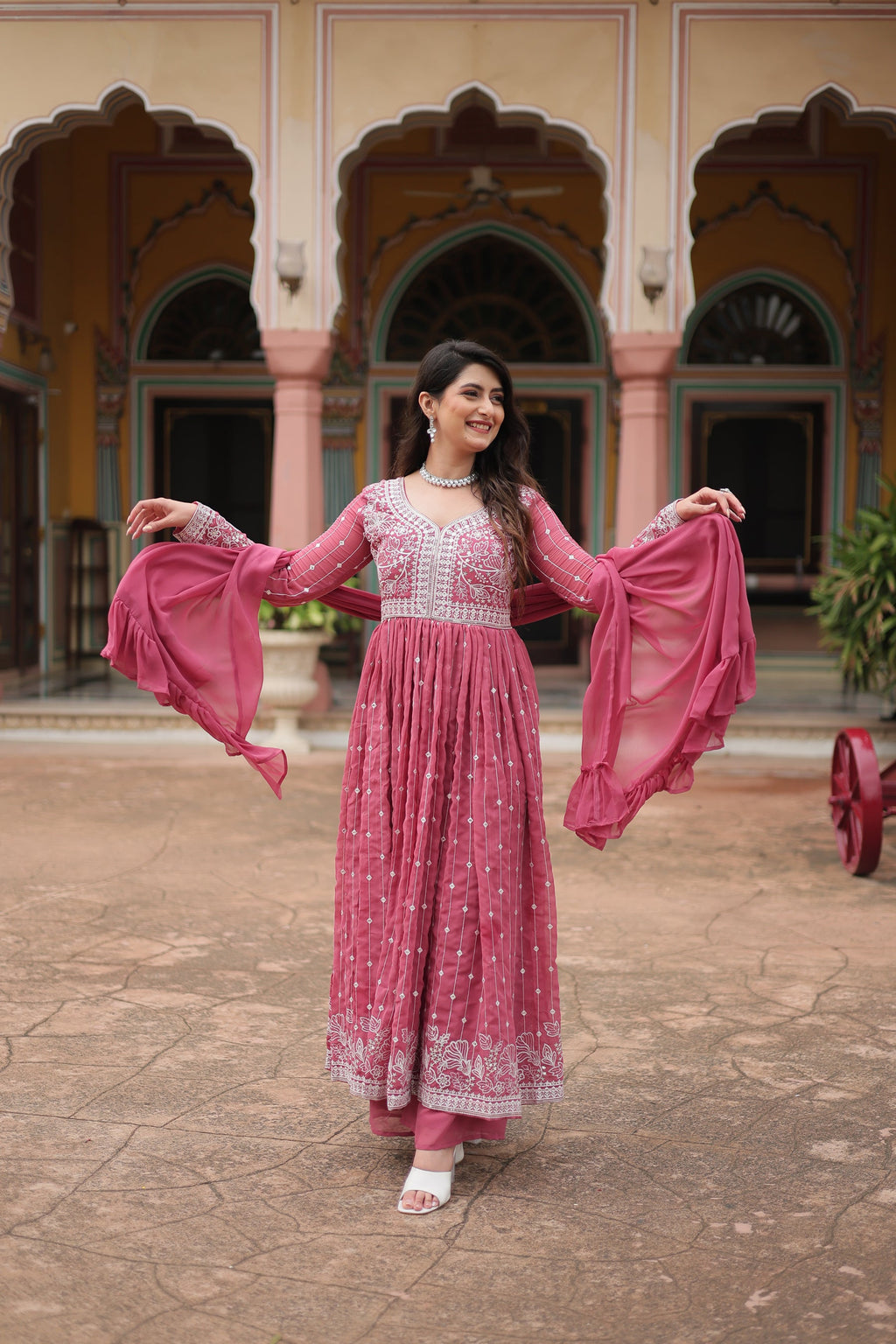 Lorenvalley Fashion Peach Faux Georgette With Rich Sequins & Thread Embroidered Work Kurta Palazzo With Dupatta | Grocsy