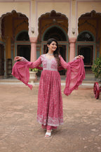 Lorenvalley Fashion Peach Faux Georgette With Rich Sequins & Thread Embroidered Work Kurta Palazzo With Dupatta | Grocsy