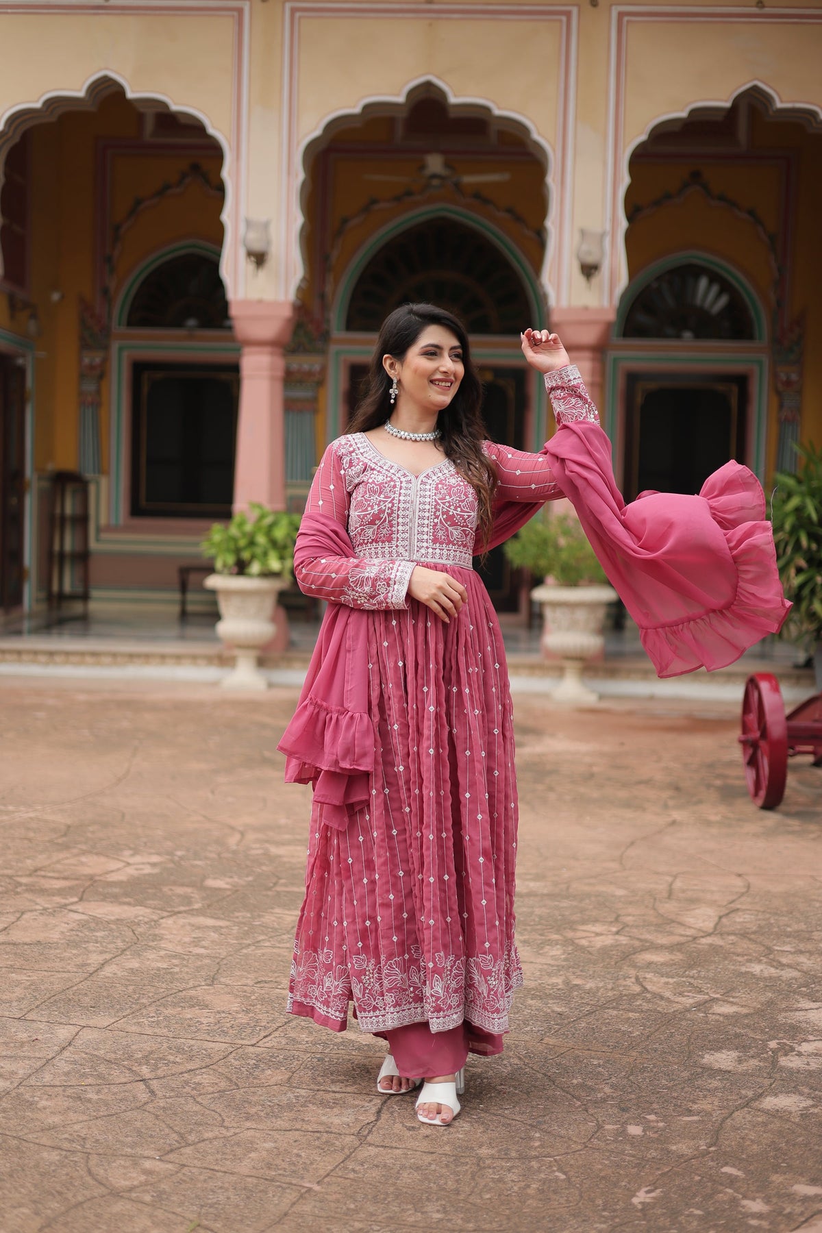 Lorenvalley Fashion Peach Faux Georgette With Rich Sequins & Thread Embroidered Work Kurta Palazzo With Dupatta | Grocsy