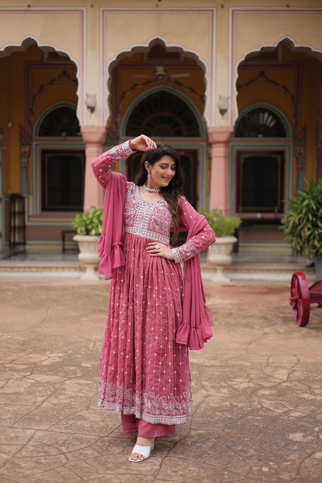 Lorenvalley Fashion Peach Faux Georgette With Rich Sequins & Thread Embroidered Work Kurta Palazzo With Dupatta | Grocsy