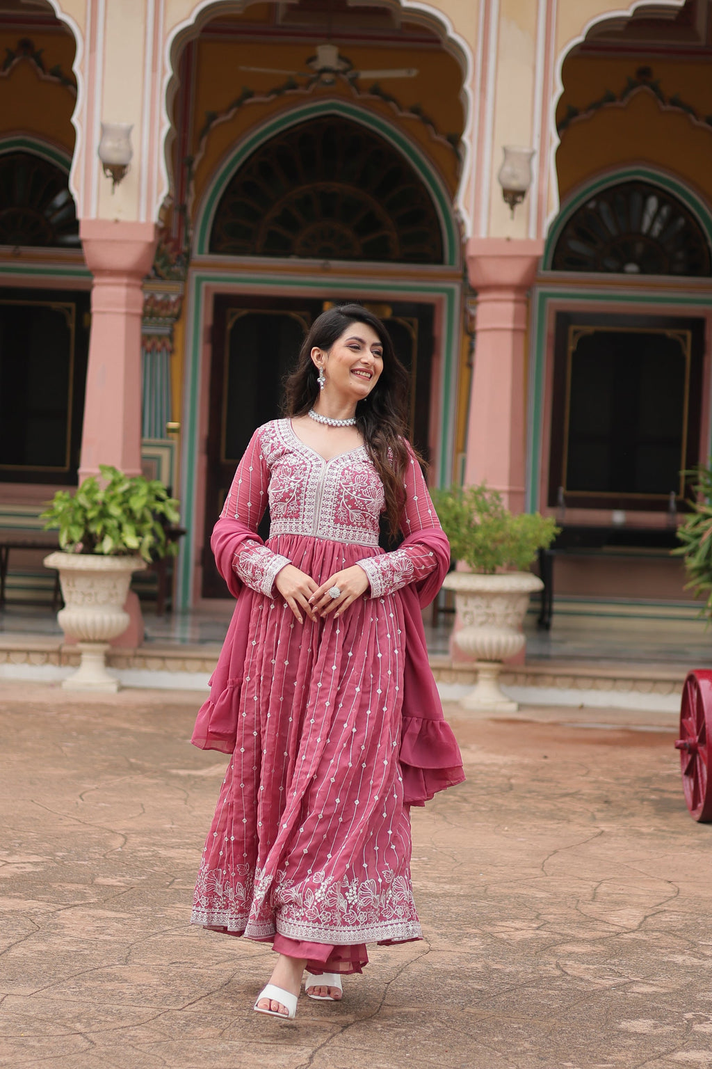 Lorenvalley Fashion Peach Faux Georgette With Rich Sequins & Thread Embroidered Work Kurta Palazzo With Dupatta | Grocsy