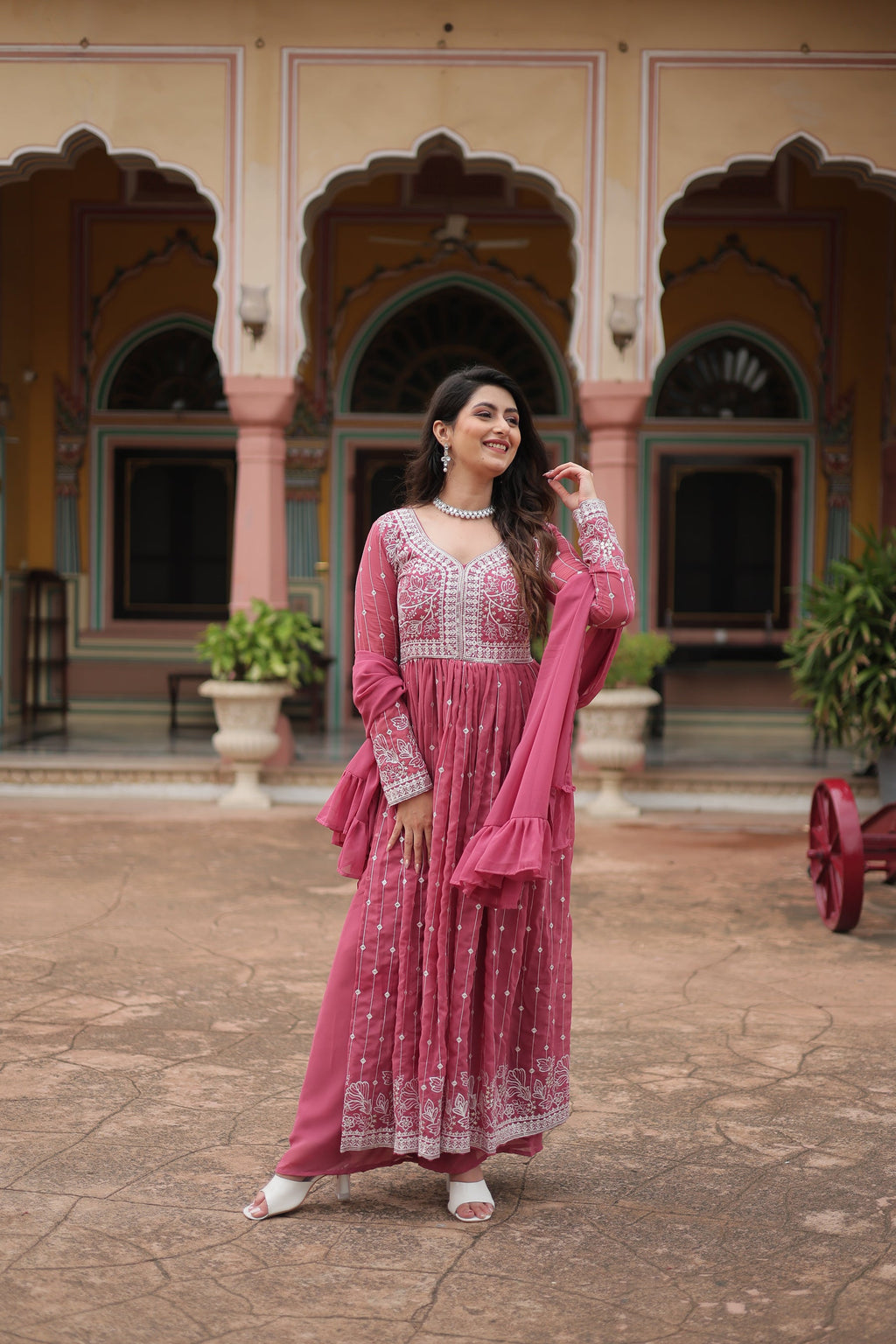 Lorenvalley Fashion Peach Faux Georgette With Rich Sequins & Thread Embroidered Work Kurta Palazzo With Dupatta | Grocsy
