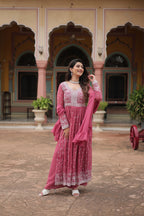 Lorenvalley Fashion Peach Faux Georgette With Rich Sequins & Thread Embroidered Work Kurta Palazzo With Dupatta | Grocsy