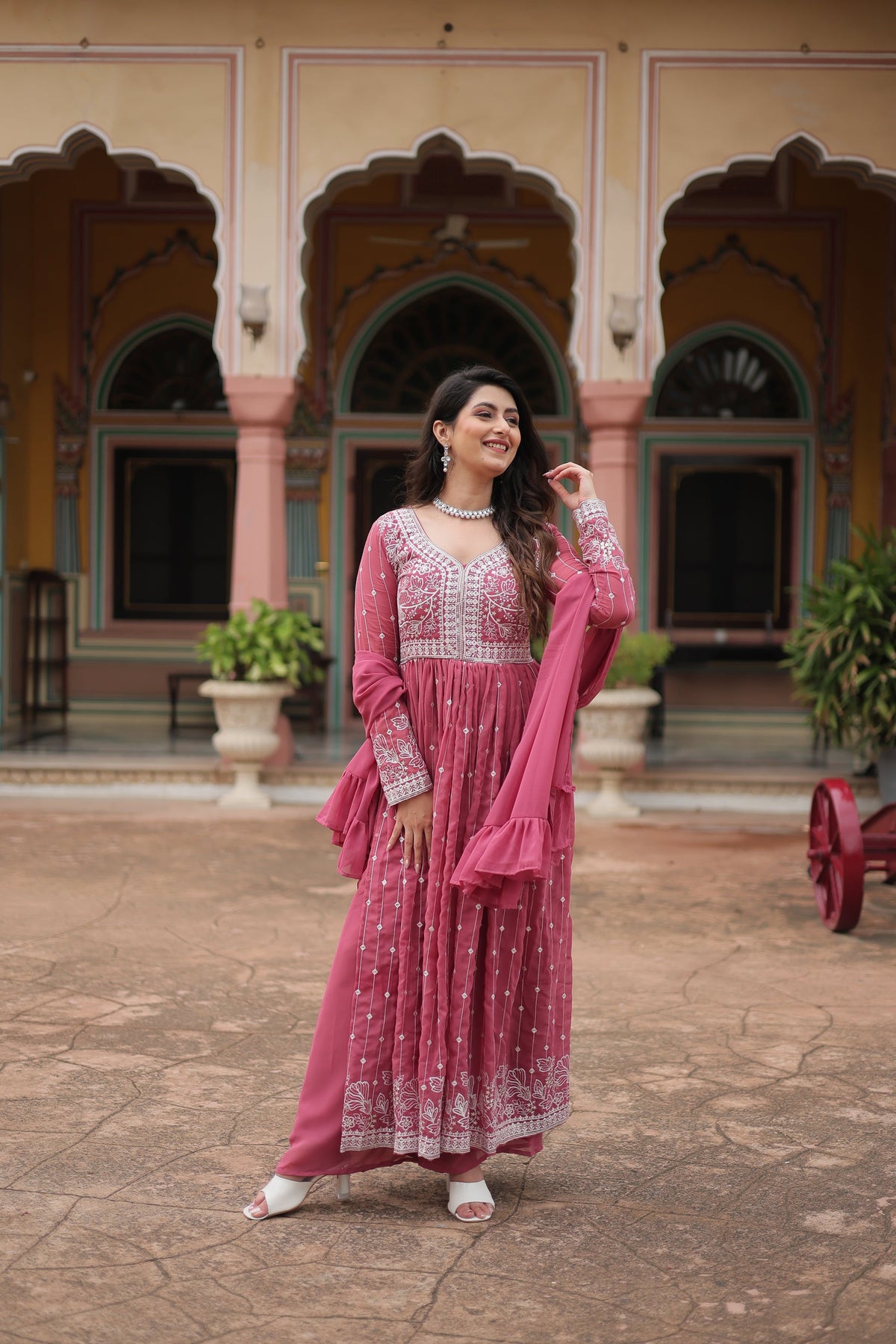 Lorenvalley Fashion Peach Faux Georgette With Rich Sequins & Thread Embroidered Work Kurta Palazzo With Dupatta | Grocsy