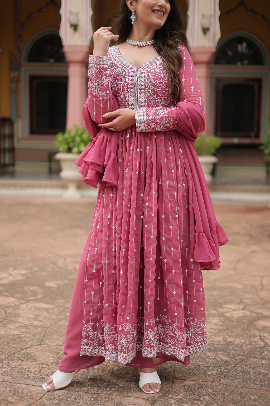 Lorenvalley Fashion Peach Faux Georgette With Rich Sequins & Thread Embroidered Work Kurta Palazzo With Dupatta | Grocsy