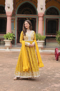 Lorenvalley Fashion Yellow Faux Georgette With Rich Sequins & Thread Embroidered Work Kurta Palazzo With Dupatta | Grocsy