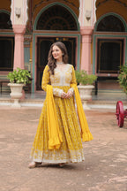 Lorenvalley Fashion Yellow Faux Georgette With Rich Sequins & Thread Embroidered Work Kurta Palazzo With Dupatta | Grocsy