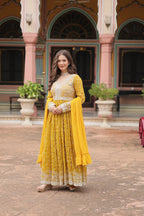 Lorenvalley Fashion Yellow Faux Georgette With Rich Sequins & Thread Embroidered Work Kurta Palazzo With Dupatta | Grocsy