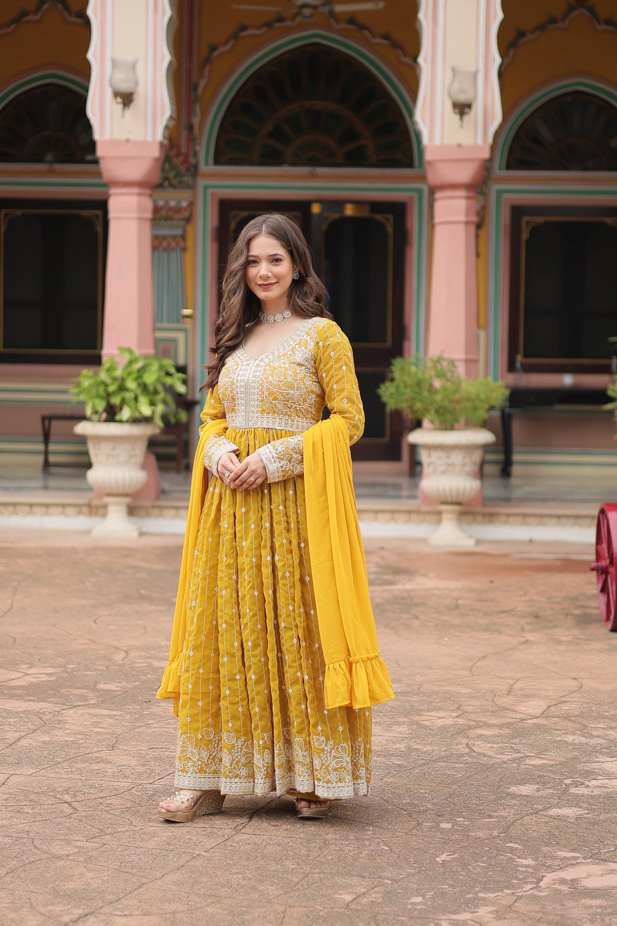 Lorenvalley Fashion Yellow Faux Georgette With Rich Sequins & Thread Embroidered Work Kurta Palazzo With Dupatta | Grocsy