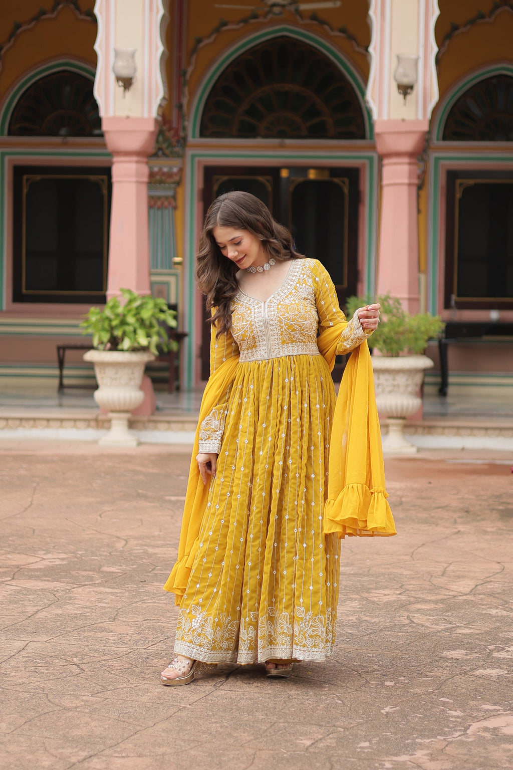 Lorenvalley Fashion Yellow Faux Georgette With Rich Sequins & Thread Embroidered Work Kurta Palazzo With Dupatta | Grocsy