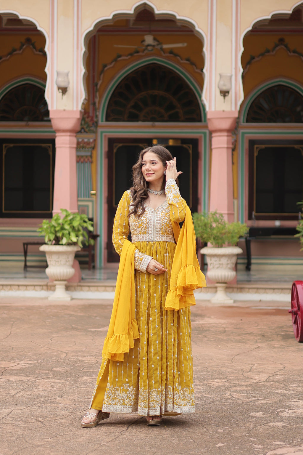 Lorenvalley Fashion Yellow Faux Georgette With Rich Sequins & Thread Embroidered Work Kurta Palazzo With Dupatta | Grocsy