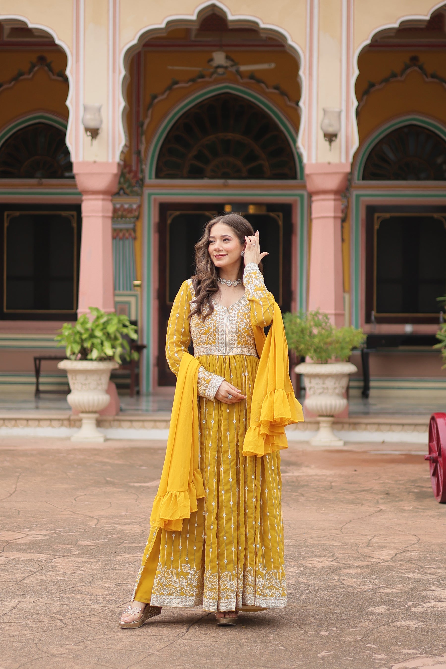 Lorenvalley Fashion Yellow Faux Georgette With Rich Sequins & Thread Embroidered Work Kurta Palazzo With Dupatta | Grocsy