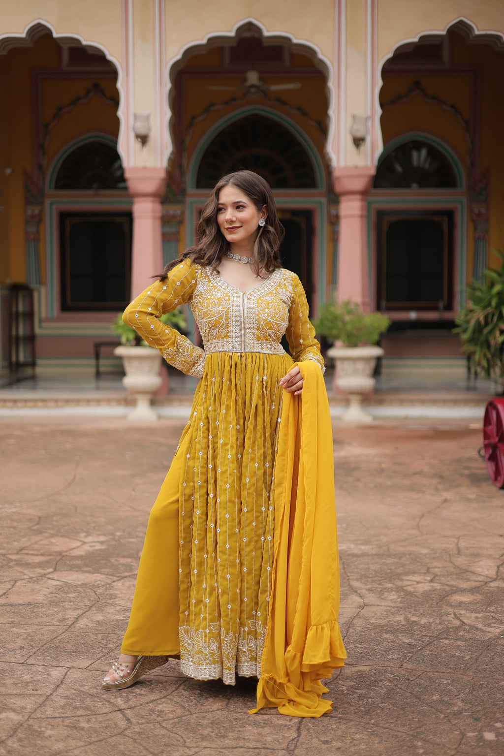 Lorenvalley Fashion Yellow Faux Georgette With Rich Sequins & Thread Embroidered Work Kurta Palazzo With Dupatta | Grocsy