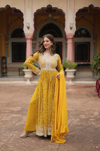 Lorenvalley Fashion Yellow Faux Georgette With Rich Sequins & Thread Embroidered Work Kurta Palazzo With Dupatta | Grocsy