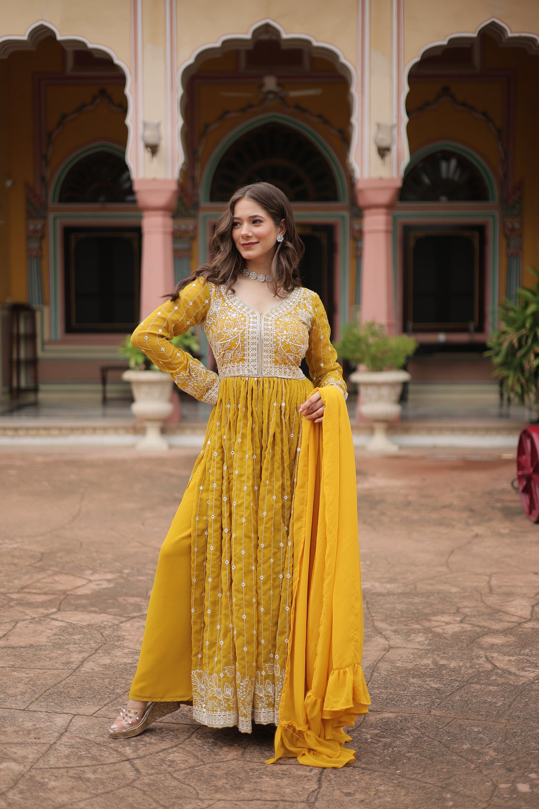 Lorenvalley Fashion Yellow Faux Georgette With Rich Sequins & Thread Embroidered Work Kurta Palazzo With Dupatta | Grocsy
