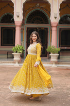 Lorenvalley Fashion Yellow Faux Georgette With Rich Sequins & Thread Embroidered Work Kurta Palazzo With Dupatta | Grocsy