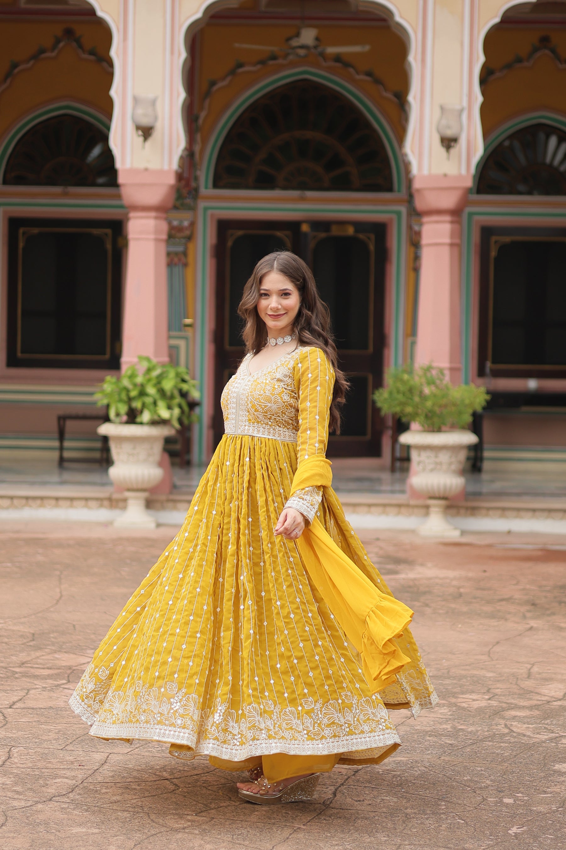 Lorenvalley Fashion Yellow Faux Georgette With Rich Sequins & Thread Embroidered Work Kurta Palazzo With Dupatta | Grocsy