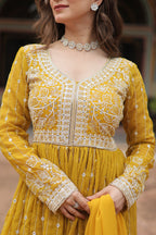 Lorenvalley Fashion Yellow Faux Georgette With Rich Sequins & Thread Embroidered Work Kurta Palazzo With Dupatta | Grocsy