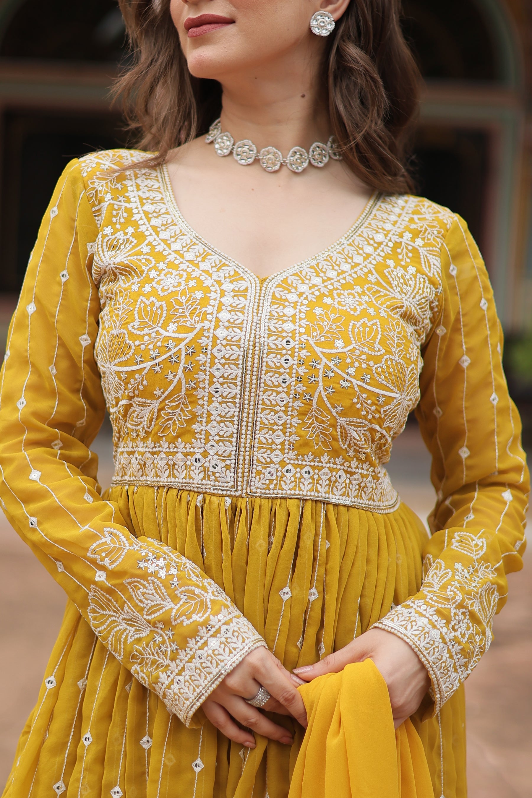 Lorenvalley Fashion Yellow Faux Georgette With Rich Sequins & Thread Embroidered Work Kurta Palazzo With Dupatta | Grocsy