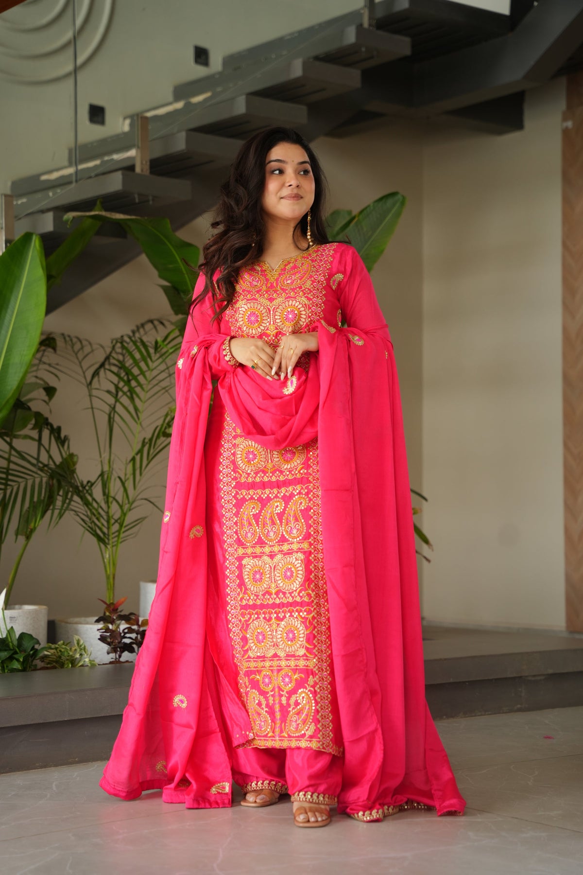 Lorenvalley Fashion Gajari Chinnon with Zari Multi & Thread Embroidered work Kurta Pant with Dupatta | Grocsy