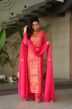 Lorenvalley Fashion Gajari Chinnon with Zari Multi & Thread Embroidered work Kurta Pant with Dupatta | Grocsy