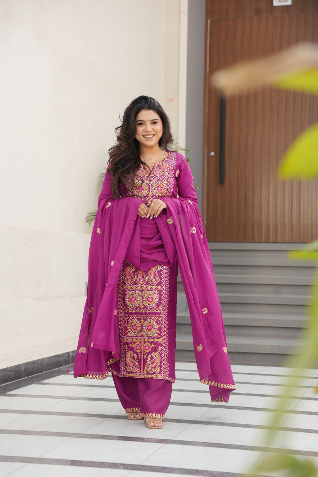 Lorenvalley Fashion Magenta Chinon Silk with Zari Multi & Thread Embroidered work Kurta Pant with Dupatta | Grocsy