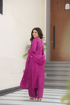 Lorenvalley Fashion Magenta Chinon Silk with Zari Multi & Thread Embroidered work Kurta Pant with Dupatta | Grocsy