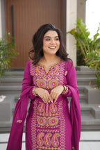 Lorenvalley Fashion Magenta Chinon Silk with Zari Multi & Thread Embroidered work Kurta Pant with Dupatta | Grocsy