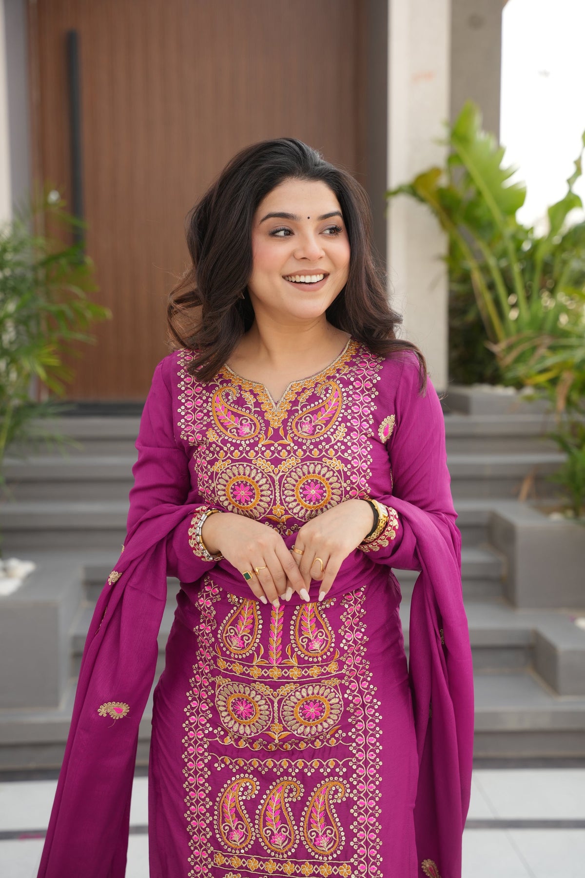 Lorenvalley Fashion Magenta Chinon Silk with Zari Multi & Thread Embroidered work Kurta Pant with Dupatta | Grocsy