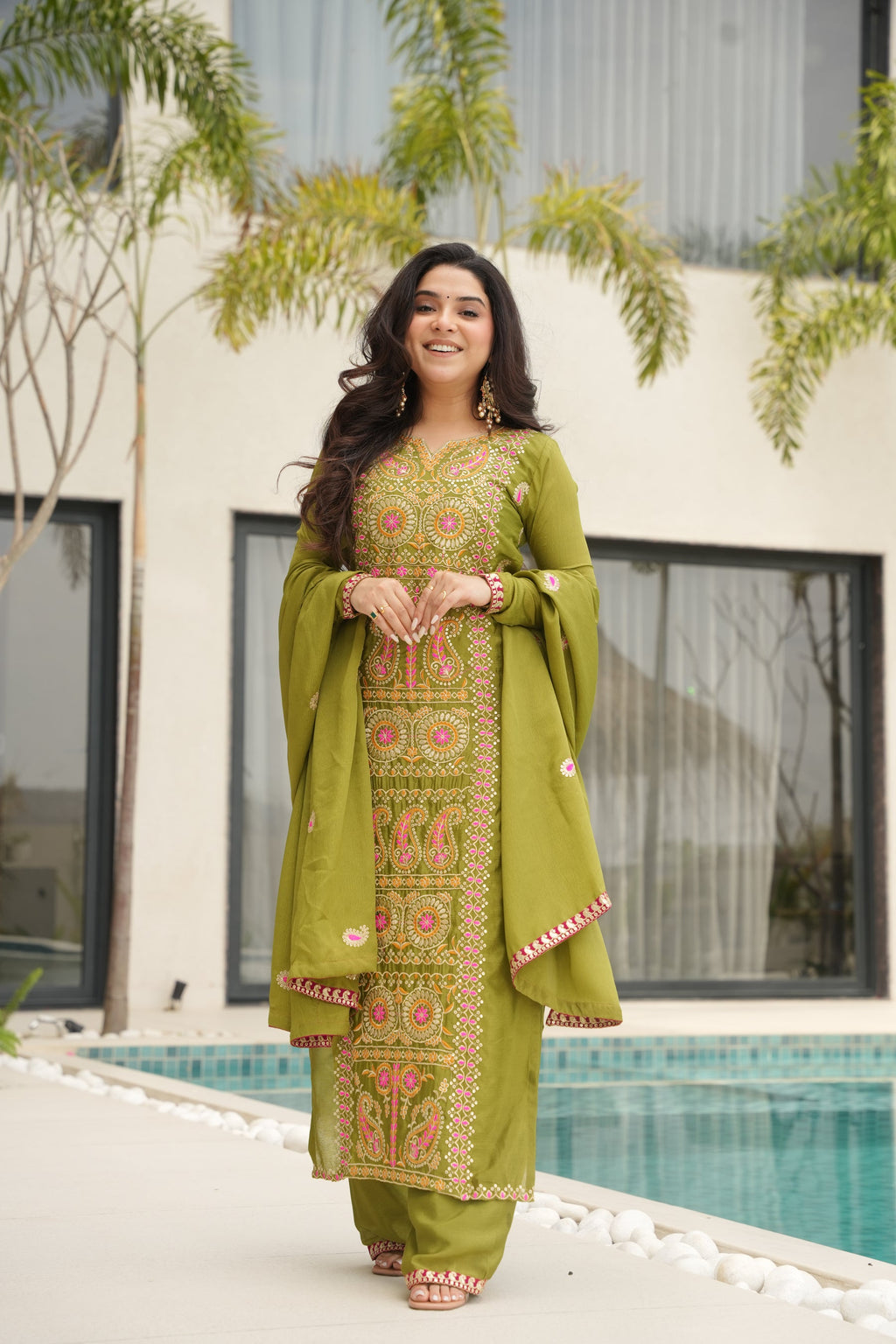 Lorenvalley Fashion Parrot Green Chinon Silk with Zari Multi & Thread Embroidered work Kurta Pant with Dupatta | Grocsy