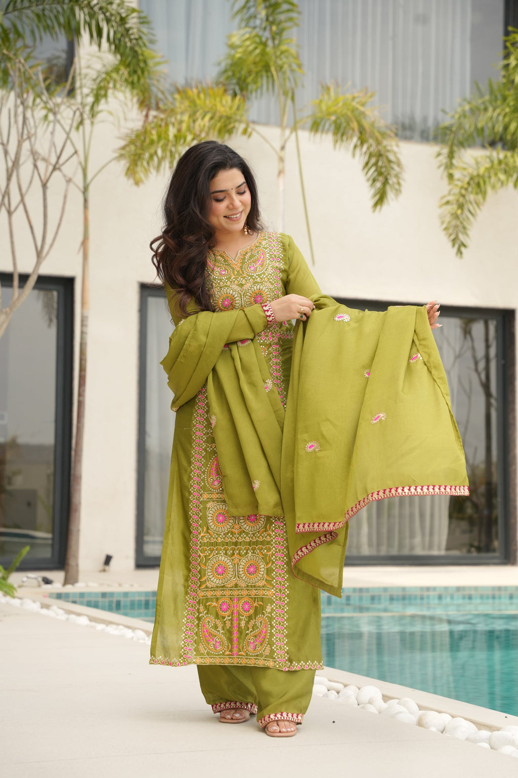 Lorenvalley Fashion Parrot Green Chinon Silk with Zari Multi & Thread Embroidered work Kurta Pant with Dupatta | Grocsy