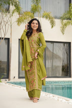 Lorenvalley Fashion Parrot Green Chinon Silk with Zari Multi & Thread Embroidered work Kurta Pant with Dupatta | Grocsy