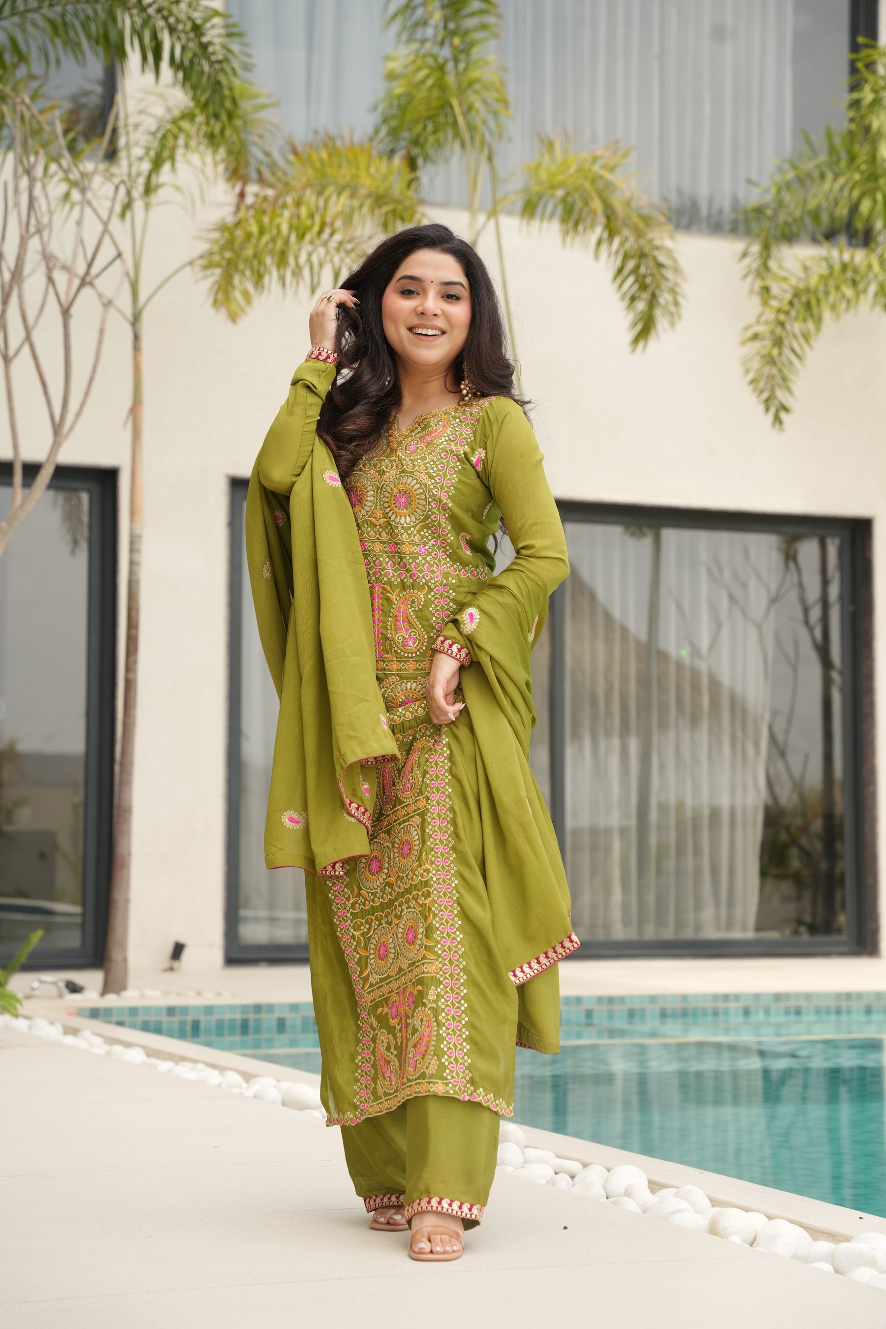 Lorenvalley Fashion Parrot Green Chinon Silk with Zari Multi & Thread Embroidered work Kurta Pant with Dupatta | Grocsy