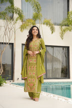 Lorenvalley Fashion Parrot Green Chinon Silk with Zari Multi & Thread Embroidered work Kurta Pant with Dupatta | Grocsy