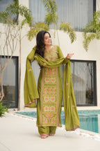 Lorenvalley Fashion Parrot Green Chinon Silk with Zari Multi & Thread Embroidered work Kurta Pant with Dupatta | Grocsy